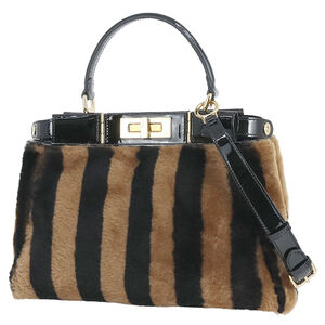 Fendi Peekaboo Regular Shearling Handbag Shoulder Bag Brown Black
